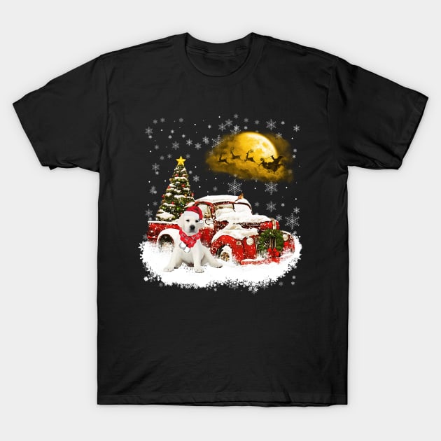 Red Truck Xmas Tree White Labrador Christmas T-Shirt by Benko Clarence